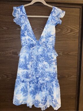 Aqua Blue Toile Backless V-Neck Ruffle Dress